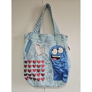 Foster's Home Bloo Tote Bag Womens Medium Blue Hearts Cartoon Graphic Satin